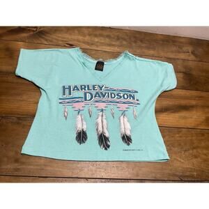 Vintage Harley Davidson T-Shirt Womens Small Teal 3D Emblem Biker Feathers 90s